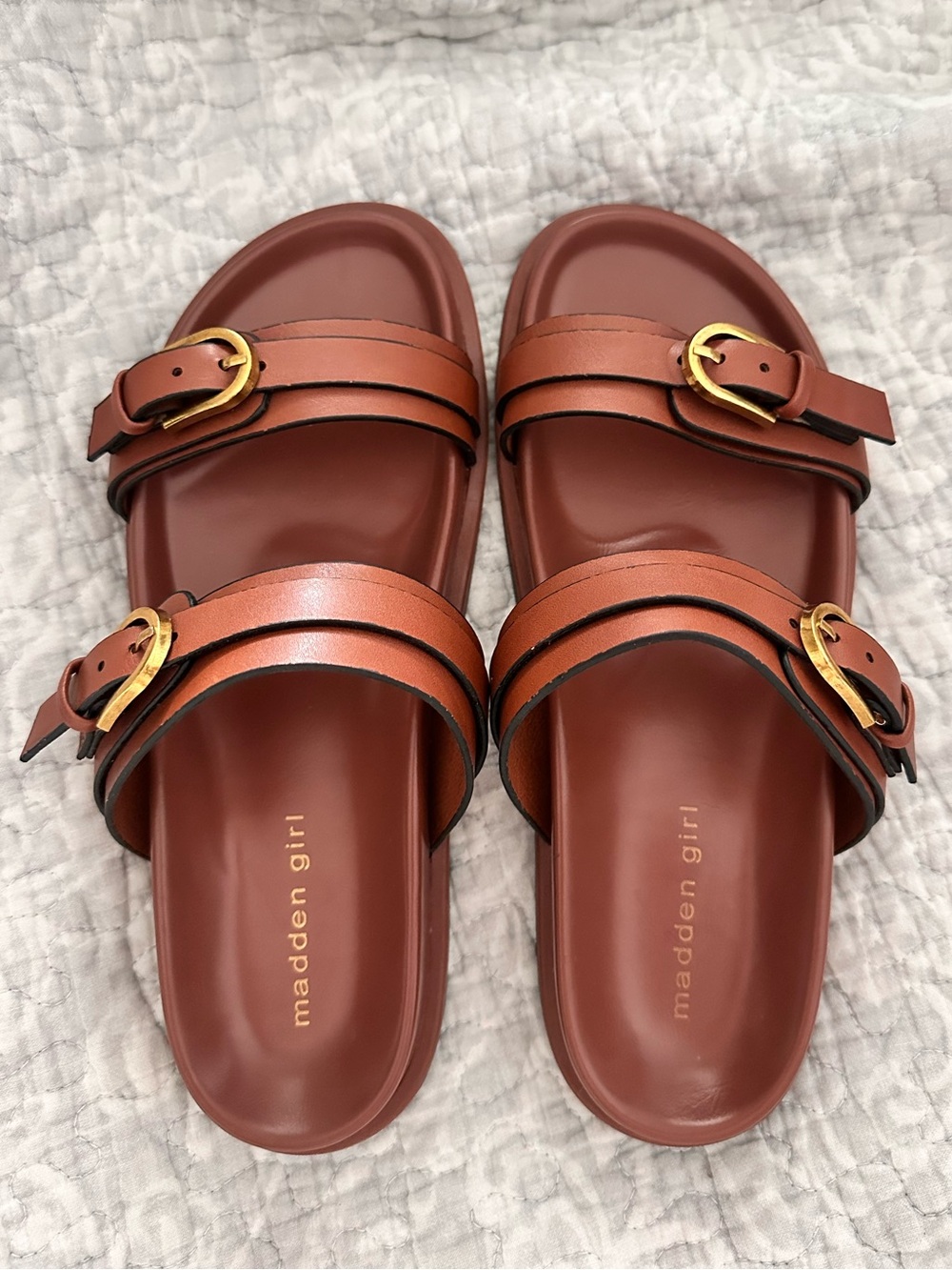 Madden Girl Brown Double-Buckle Slide Sandals with Gold Hardware Women’s 6.5